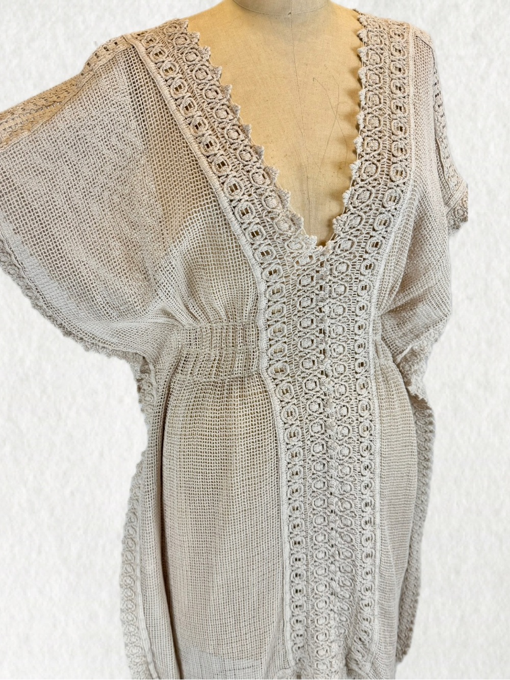 Seaspice Peruvian cotton beach coverup dress top ecru natural beige crochet net